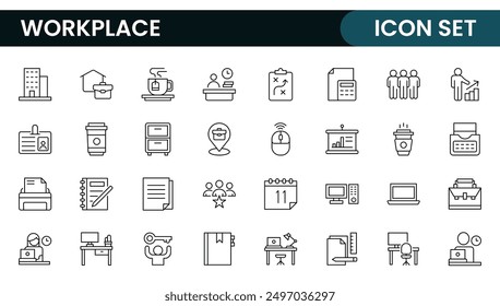 Workplace web icons in line style. Employ, conference, project, document, business, work, support, contact us, productivity strategy, collection.