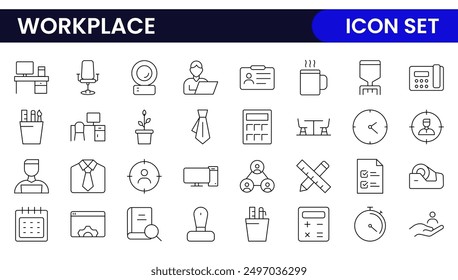 Workplace web icons in line style. Employ, conference, project, document, business, work, support, contact us, productivity strategy, collection.