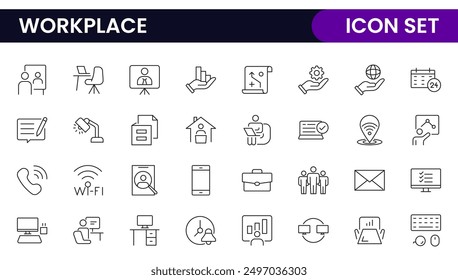 Workplace-Websymbole im Linienstil. Beschäftigung, Konferenz, Projekt, Dokument, Geschäft, Arbeit, Support, Kontakt, Produktivitätsstrategie, Sammlung.
