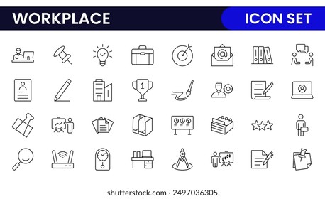 Workplace web icons in line style. Employ, conference, project, document, business, work, support, contact us, productivity strategy, collection.