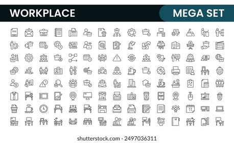 Workplace-Websymbole im Linienstil. Beschäftigung, Konferenz, Projekt, Dokument, Geschäft, Arbeit, Support, Kontakt, Produktivitätsstrategie, Sammlung.