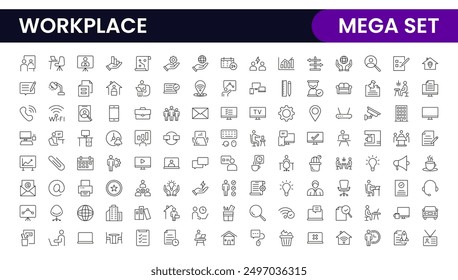 Workplace web icons in line style. Employ, conference, project, document, business, work, support, contact us, productivity strategy, collection.