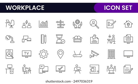 Workplace web icons in line style. Employ, conference, project, document, business, work, support, contact us, productivity strategy, collection.