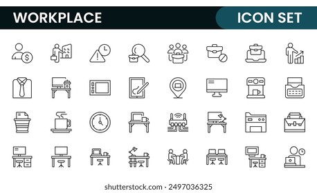Workplace web icons in line style. Employ, conference, project, document, business, work, support, contact us, productivity strategy, collection.