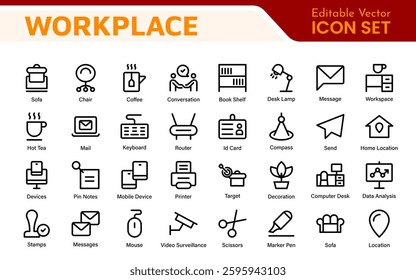 Workplace web icons in line style. Employ, conference, project, document, business, work, support, contact us, productivity strategy, collection.