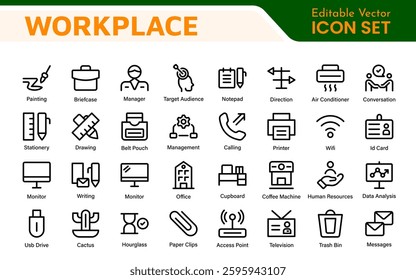 Workplace web icons in line style. Employ, conference, project, document, business, work, support, contact us, productivity strategy, collection.