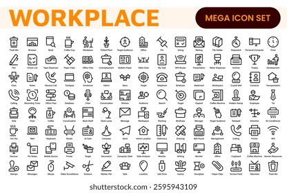 Workplace web icons in line style. Employ, conference, project, document, business, work, support, contact us, productivity strategy, collection.