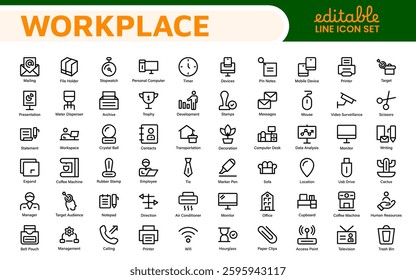 Workplace web icons in line style. Employ, conference, project, document, business, work, support, contact us, productivity strategy, collection.