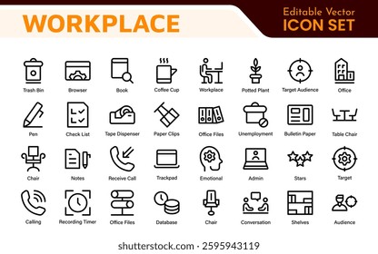Workplace web icons in line style. Employ, conference, project, document, business, work, support, contact us, productivity strategy, collection.
