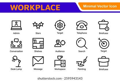 Workplace web icons in line style. Employ, conference, project, document, business, work, support, contact us, productivity strategy, collection.