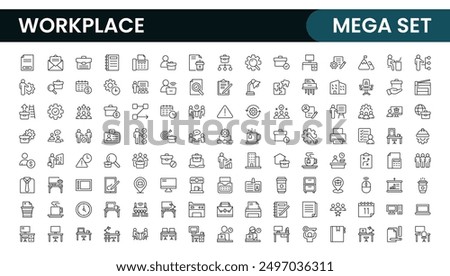 Workplace web icons in line style. Employ, conference, project, document, business, work, support, contact us, productivity strategy, collection.