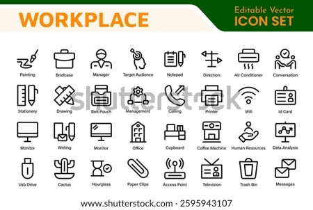 Workplace web icons in line style. Employ, conference, project, document, business, work, support, contact us, productivity strategy, collection.
