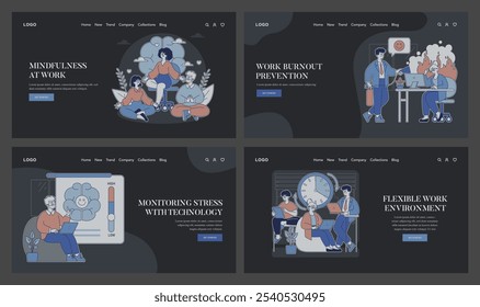 Conjunto de bienestar en el lugar de trabajo. Las Ilustraciones representan la atención plena, la prevención del agotamiento, el monitoreo del estrés con tecnología y los entornos de trabajo flexibles. Ilustración vectorial.