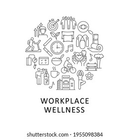 Workplace Wellness Abstract Linear Concept Layout With Headline. Health Promotion Minimalistic Idea. Employee Wellbeing Thin Line Graphic Drawings. Isolated Vector Contour Icons For Background