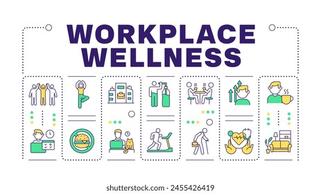 Workplace wellness blue word concept isolated on white. Health promotion activities, fitness. Creative illustration banner surrounded by editable line colorful icons. Hubot Sans font used