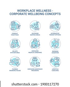 Workplace Wellness Concept Icons Set. Corporate Wellbeing Idea Thin Line RGB Color Illustrations. Flexible Working From Home. Smoking Cessation. Vector Isolated Outline Drawings. Editable Stroke