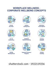 Workplace Wellness Concept Icons Set. Corporate Wellbeing Idea Thin Line RGB Color Illustrations. Outdoor Seating Areas. Employee Medical Screening. Vector Isolated Outline Drawings. Editable Stroke