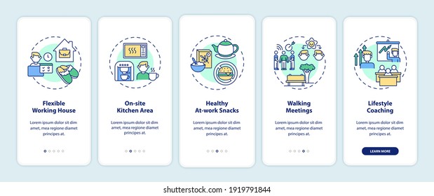 Workplace wellness examples onboarding mobile app page screen with concepts. Walking meetings, healthy snacks walkthrough 5 steps graphic instructions. UI vector template with RGB color illustrations