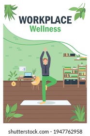 Workplace wellness poster flat vector template. Fitness, healthy lifestyle for employee. Training break. Brochure, booklet one page concept design with cartoon character. Workout flyer, leaflet