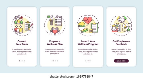 Workplace wellness success tips onboarding mobile app page screen with concepts. Team consult, wellbeing plan walkthrough 4 steps graphic instructions. UI vector template with RGB color illustrations