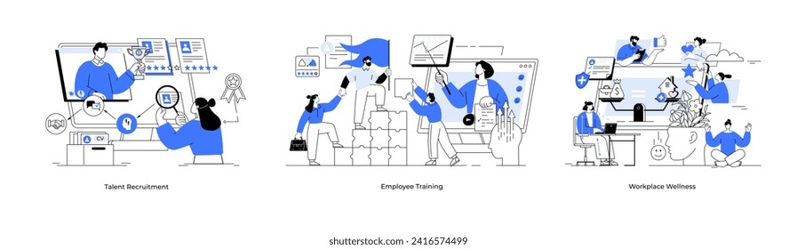 Workplace wellness Talent recruitment employee training. Business metaphor set. Recreation in smart office. Employee care, well being working conditions and protection at workplace. Help achieve goal