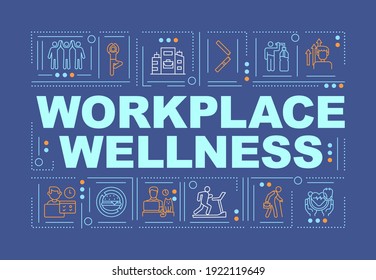 Workplace wellness word concepts banner. Support healthy life of your company employees. Infographics with linear icons on navy background. Isolated typography. Vector outline RGB color illustration