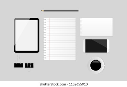 Workplace with white paper, tablet, smartphone, pencil, coffee cup and paper clips on gray background. Vector illustration