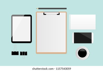 Workplace with white paper, tablet, smartphone, pencil, coffee cup and paper clips on green background. Vector illustration