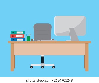 workplace, window, illustration, home, room, monitor, lamp, chair, cartoon, business, table, vector, design, flat, computer, interior, style, desk, furniture, workspace, technology, modern, book, plan