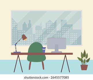 workplace, window, illustration, home, room, technology, monitor, lamp, chair, business, table, vector, design, flat, desktop, computer, interior, indoor, work, furniture, office, workspace, style, co