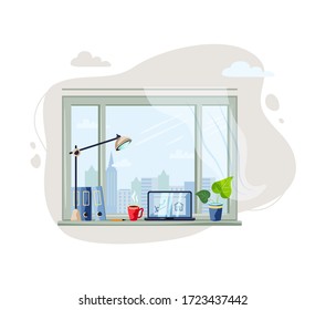 Workplace with window, laptop, potted plant, cap with hot drink. Home office concept. Cozy workplace. Vector illustration.