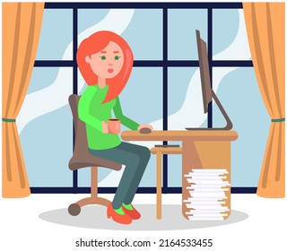 Workplace of woman with digital pc. Office worker sitting at table with modern device, businesswoman and technology. Female employee sitting at desk and using gadget for work or studying