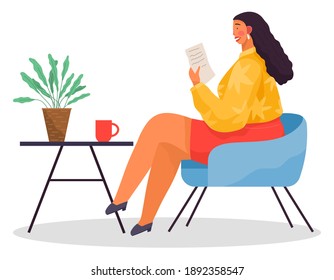 Workplace of woman with document, office worker sitting at table holding paper with notes, businesswoman and report, reading contract, sit at desk with cup houseplant, comfortable chair, employee