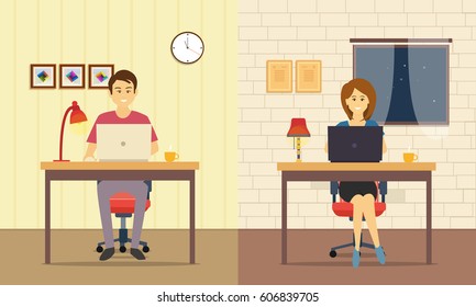 Workplace with woman, man with computer, lamp, coffee. illustration flat