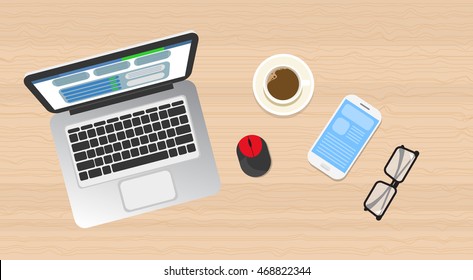 Workplace Wooden Desk Top Angle View Laptop, Phone Flat Vector Illustration