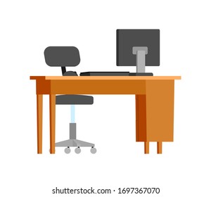 Workplace, wooden table with personal computer vector. Isolated icon of desktop with pc keyboard and mouse, business appliances, devices for work