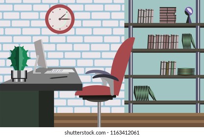 Workplace with work chair, table and PC. Vector thin line illustration of workspace