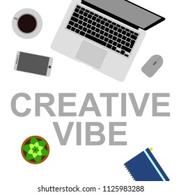 Workplace for work and creativity flat vector illustration. Concept of work, E-learning, education and desktop. Laptop and coffee on the table