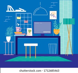 Workplace, work at home, space, coworking. Table, computer, coffee cup. Vector flat style