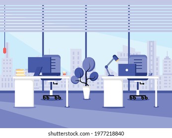 Workplace and work station flat design, Concept of working desk or office interior with furniture. Modern office room with computer, desktop, table, chair, and stationary equipment.