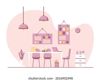 Workplace and work station flat design, Concept of working desk or office interior with furniture. Modern office room with computer, table and equipment. Work from home illustration.