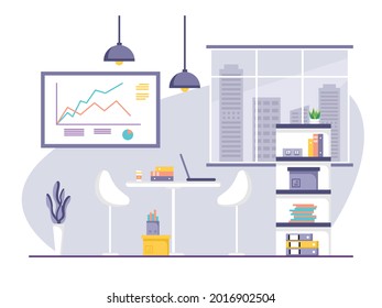 Workplace and work station flat design, Concept of working desk or office interior with furniture. Modern office room with computer, table and equipment. Work from home illustration.