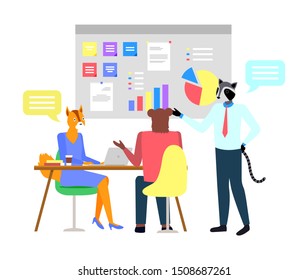 Workplace and workers hipster animals, character fox, raccoon and bear discussing, board with charts and papers. Employee working with laptop. Vector illustration in flat cartoon style