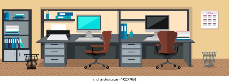 Workplace and working break horizontal web banner in flat style. Bright office interior design with modern furniture, plants, racks with documents and ceiling light. Comfortable place for work