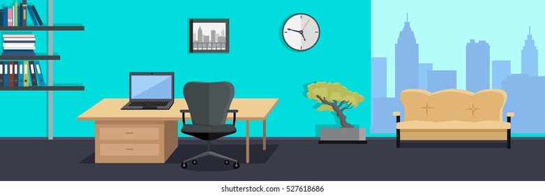 Workplace and working break horizontal web banner in flat style. Bright office interior design with modern furniture, plants, racks with documents and ceiling light. Comfortable place for work