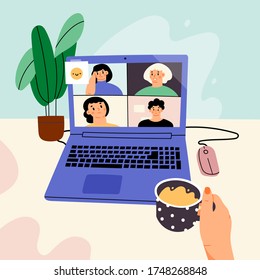 Workplace, working desk. Hand with cup. Point of view on Laptop screen. Virtual chat videoconference with group of people. Video call. Communication concept. Hand drawn Vector illustration 