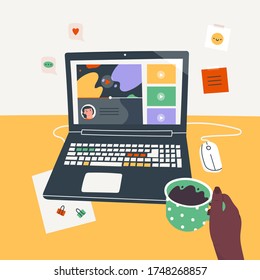 Workplace, working desk. Hand with cup. Point of view on Laptop screen. Virtual chat, online video-sharing platform. Web Entertainment concept. Hand drawn Vector illustration