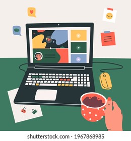 Workplace, working desk. Hand with cup. Point of view on Laptop screen. Virtual chat, online video-sharing platform. Web Entertainment concept. Hand drawn Vector illustration