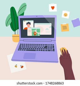 Workplace, working desk. Point of view on Laptop screen. Virtual chat, video call, maps app. Communication concept. Hand drawn Vector illustration