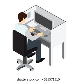 Workplace. Working on computer. Businessman looking at the laptop screen . Isometric perspective.